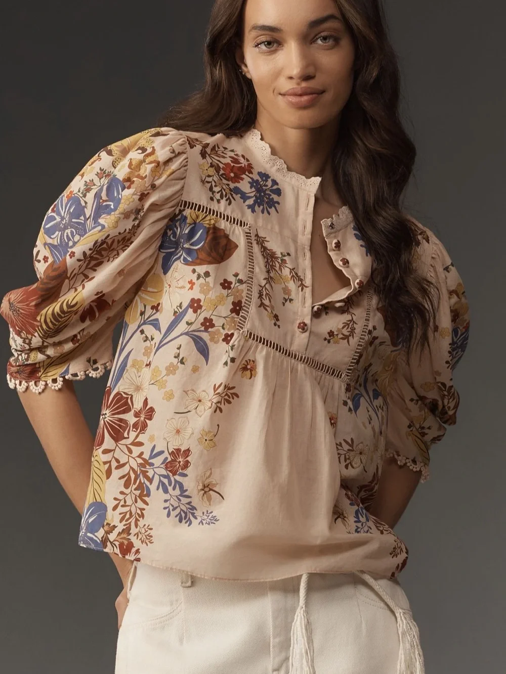 FARM RIO Beauty Bouquet Cotton Puff Sleeve Top Pink Floral Pattern size XS